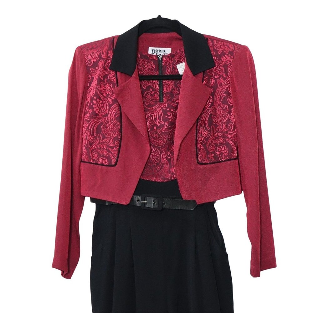 Black Wine Jumpsuit, with Cropped Jacket, Jaquard Floral Pattern, by Dawn Joy II - Picture 2 of 10
